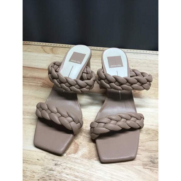 Dolce Vita Braided Strappy Sandals Women's 9 Tan Block Heel Slip On Square Toe - Picture 1 of 8